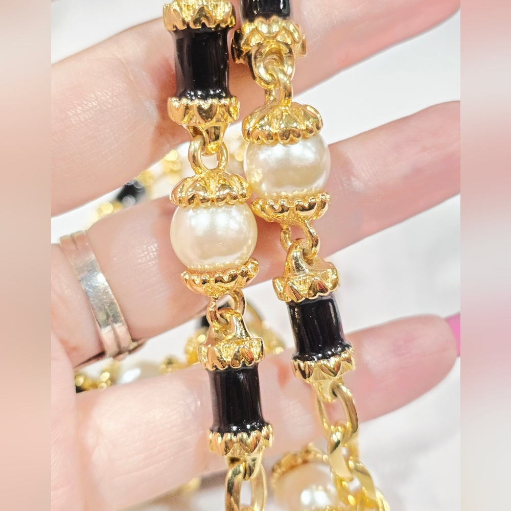 Vintage St John 90s Necklace with pearls and enamel beads extra long chain